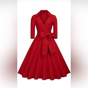Miusol Women's Deep-V Neck Classical Bow Belt Vintage Casual Swing Dress